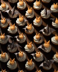 On halloween night, a spooky group of cupcakes decorated with bats and eerie decorations entices onlookers with sweet treats, promising a delicious combination of cake, muffins, icing, and chocolate