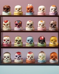 Obraz premium This spooky halloween scene of a shelf filled with a colorful collection of toy skulls and figurines evokes a feeling of nostalgia and mischievous delight