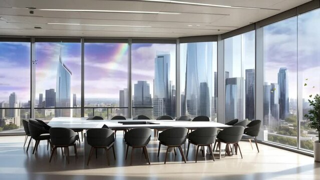 meeting room with windows view of city, seamless looping video background animation, cartoon style