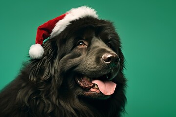 Fototapeta premium Headshot portrait photography of a happy newfoundland dog wearing a christmas hat against a pastel green background. With generative AI technology