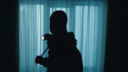 A thief looks around in a dark apartment using a flashlight close up. A robber in a black balaclava and with a crowbar in the house.
