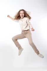 Fototapeta premium portrait of a cute teenage girl jumping against a white background