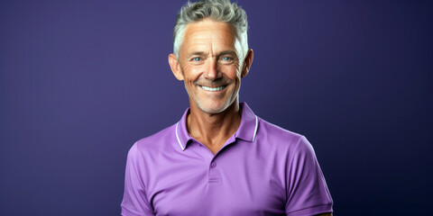older man in a violet polo shirt
