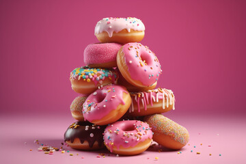 Donut pile with toppings on a colored background