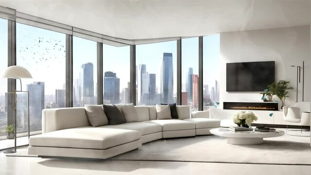 living room with windows view of city, seamless looping video background animation, cartoon style