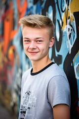 Naklejka na ściany i meble portrait of a cheerful young teenager standing in front of a wall with graffiti