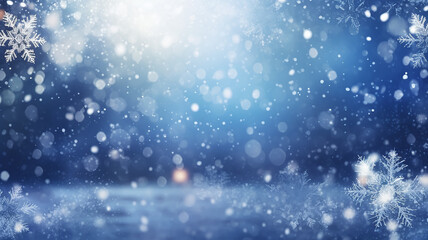 Fototapeta premium abstract blue snowflakes falling winter weather blurred background.
