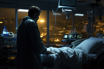 Fototapeta na wymiar Nurse tends to a patient's empty bed in hospital. Conceptual AI photo