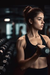 Fototapeta na wymiar closeup shot of a focused young sportswoman working out with dumbbells in a gym