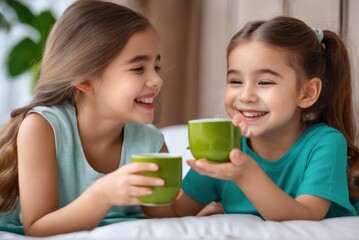 Happy positive Granddaughter and Cousin drinking green tea in guest room, holding glasses, keeping healthy hydration, diet, life . Caring for family health, wellbeing