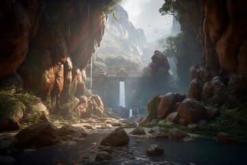 Explore the breathtaking beauty of Unreal Engine 5 with a hidden cave behind a majestic waterfall. Generative AI