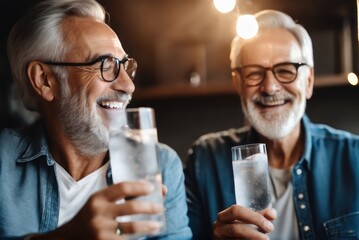 Happy positive Father and Grandfather drinking sparkling water in basement, holding glasses, keeping healthy hydration, diet, li . Caring for family health, wellbeing - obrazy, fototapety, plakaty