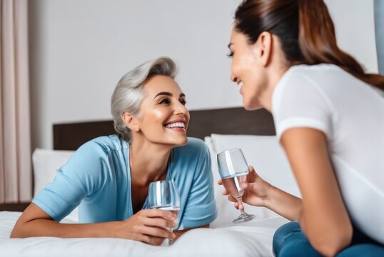 Happy positive Mother and Father drinking mineral water in guest room, holding glasses, keeping healthy hydration, diet, lifesty . Caring for family health, wellbeing