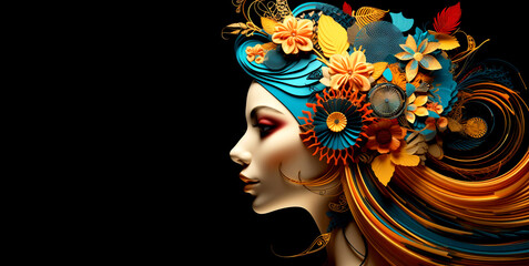 Art woman on black background. Abstract woman face with flower. Elegant modern woman. Colorful feminine. Beauty concept. AI generation