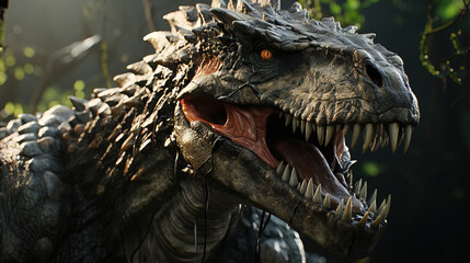 Obraz premium Fierce Tyrannosaurus Rex with large teeth, wild eye and claws roaring against dark background, dinosaur model. High quality AI generated photo