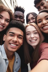 cropped shot of a group of young women and men taking a selfie together outside