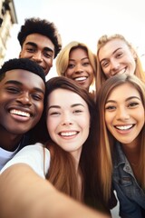 cropped shot of a group of young women and men taking a selfie together outside