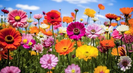 field of flowers, flowers in the field, colored flowers under the sky, colored flowers, flowers field