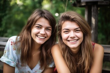 Fototapeta premium portrait of two smiling young women sitting outside