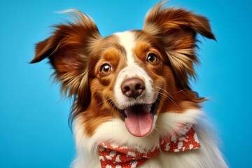 Close-up portrait photography of a cute papillon dog wearing a cooling bandana against a sky-blue background. With generative AI technology