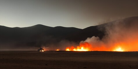 Obraz premium Air-force military bombing exercise. Nature pollution after burning rubber tires of car wheels, which caused black smoke to fly in the sky and mix with clouds. Smoke and fire on the ground Banner