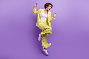 Full size photo of carefree overjoyed happy woman dance motion wear lime yellow flared outfit...