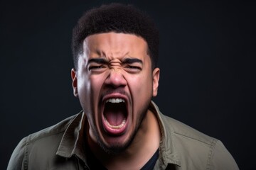 a frightened mixed race man yelling in studio against a grey background
