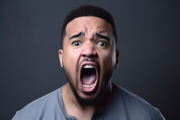 a frightened mixed race man yelling in studio against a grey background