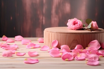 wooden podium with pink roses and petals to demonstrate products