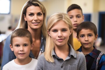 portrait of a mother and son with his friends at school