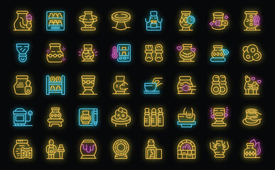 Pottery lessons icons set outline vector. Woman people. Hobby work neon color on black