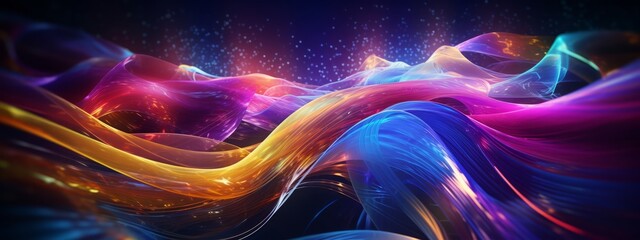 Fantastic wallpaper with an abstract future backdrop with gold, pink, and blue neon fluid waves, highlights, techno sound design, and a shape denoting the transfer of data. 