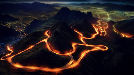 Aerial view of light trails on a winding road through the mountains at night