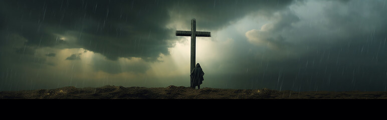 panoramic landscape a lonely man at a glowing cross concept biblical religion. - obrazy, fototapety, plakaty
