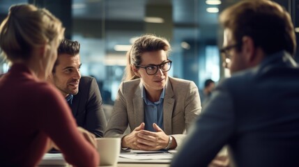 Team leader is having business meeting with colleagues in the office. Generative AI