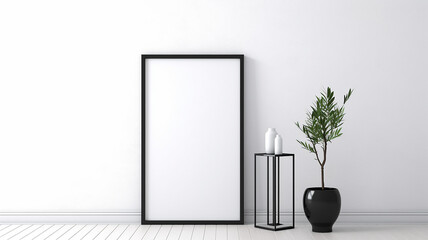 the interior is an empty wall with a thin black narrow frame inside an empty white background.