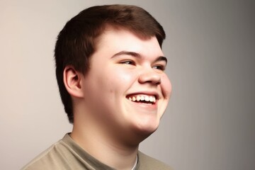 a happy young man with a pointed chin and no neck