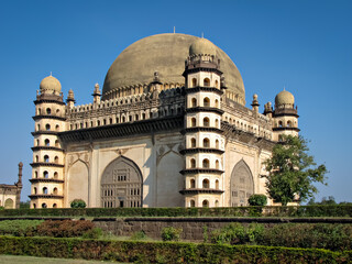 Gol Gumbaz is a tomb of Adil Shah in Bijapur, Karnataka. Its circular dome is said to be the second largest in the world after St.Peter`s Basilica in Rome. The dome stands without any pillar support - obrazy, fototapety, plakaty