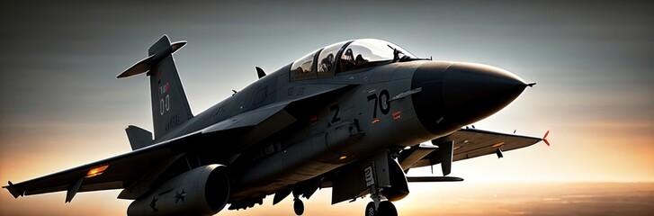 Obraz premium Military airplane fighter jet aircraft flying high above cloudscape landscape against blue clouds sky background. Aerial top down view of modern supersonic plane.. Panoramic banner