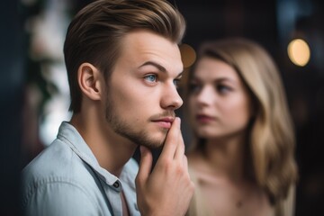 Naklejka premium a handsome man holding his finger to his lips while the beauty of a woman looks on in the background