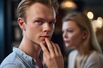 Naklejka premium a handsome man holding his finger to his lips while the beauty of a woman looks on in the background