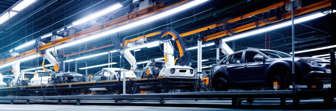 Car Factory Concept: Automated Robot Arm Assembly Line Manufacturing High-Tech Green Energy Electric Vehicles. Automatic Construction, Welding Industrial Production Conveyor. Panoramic banner