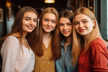 Obraz premium three beautiful young women and a friend standing in their while looking at you
