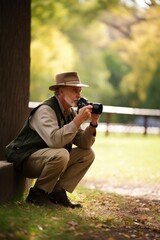 Fototapeta premium a handsome photographer taking pictures at a park
