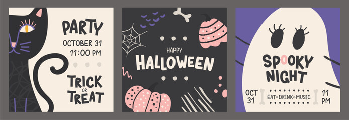 Happy Halloween. Set of vector cards with hand drawn elements. Postcards or invitations with funny cat, ghost and pumpkins.