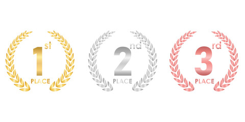 Set of Award First, Second and Third Places. Gold, Silver and Bronze Laurel Wreath for Trophy Cup. Champion and Winning Concept. Vector Illustration.