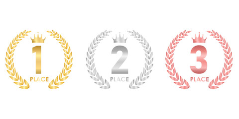 Set of Award First, Second and Third Places. Gold, Silver and Bronze Laurel Wreath for Trophy Cup. Champion and Winning Concept. Vector Illustration.