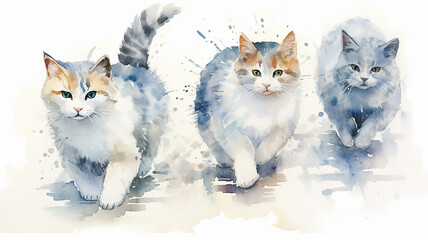 cats are running watercolor drawing on a white background jumping together.