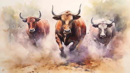 Rolgordijnen watercolor drawing of a group of bulls running on a white background. © kichigin19