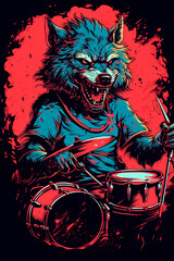 A werewolf enthusiastically playing the drum. Rock musician. Generative AI
